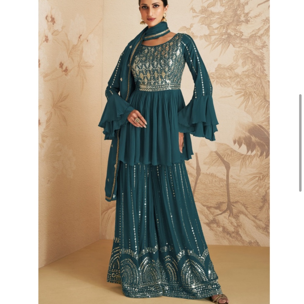 Blue sequined Sharara Indian Pakistani dress